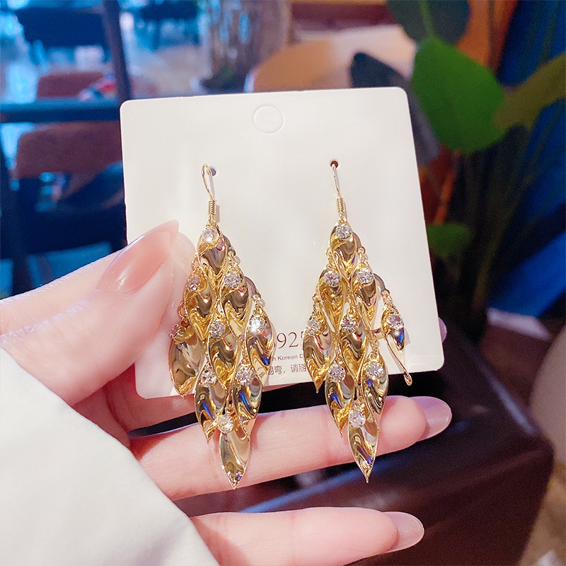 Bông Tai Hình Lá Bằng Kim Loại Đính Đá Zircon Sang Trọng Thời Trang Mới 2022 Cho Nữ