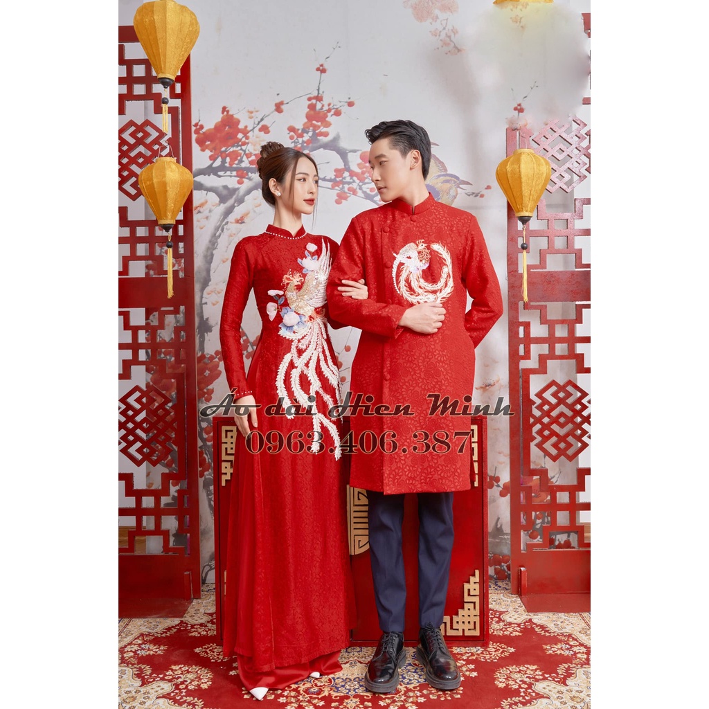 Áo dài cưới cặp đôi cô dâu chú rể màu đỏ sang trọng chất liệu gấm cao cấp họa tiết thê