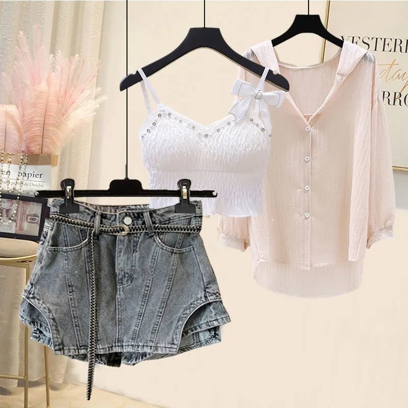 Jiashucheng Bộ Áo Sơ Mi Ba Dây Ôm Eo Nhỏ Phong Cách Mới Mùa Hè Cho Nữ