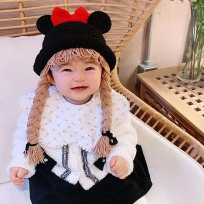 Mũ tóc giả tết bím len cho bé gái hình Mickey đáng yêu 6 tháng-2 tuổi