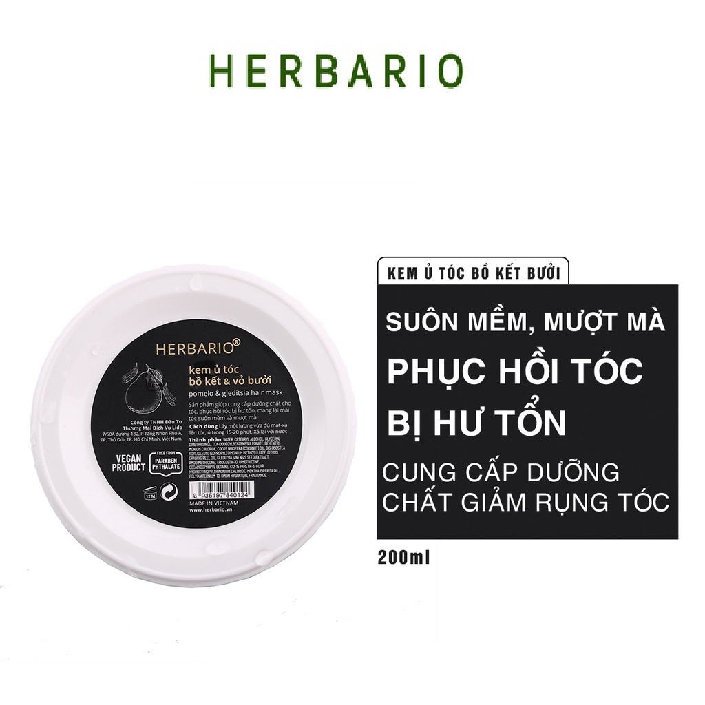 [Mã COSGLORIAT4 -8% đơn 250K] Kem Ủ Tóc Bồ Kết &amp; Vỏ Bưởi Herbario 200ml Giúp Tóc Óng Ả, Mềm Mại