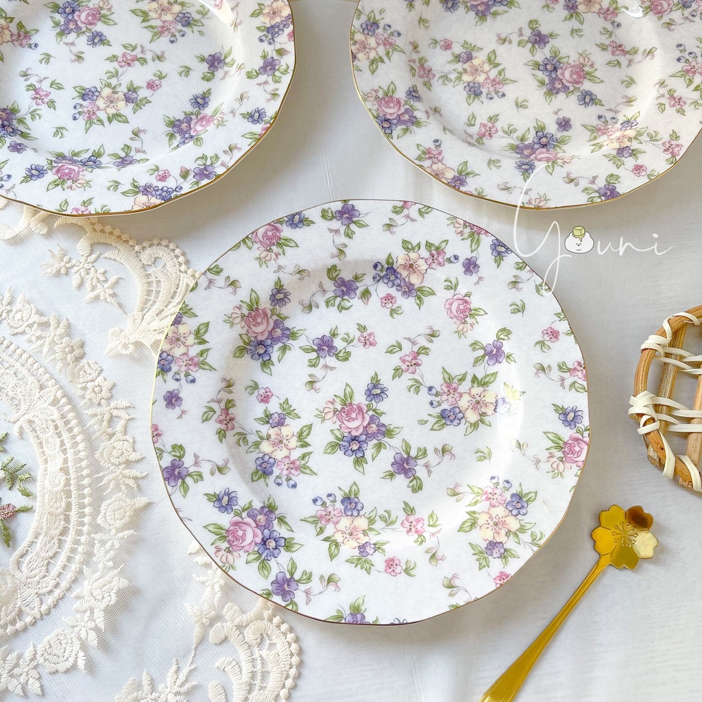Đĩa Sứ Xương Cao Câp Họa Tiết Hoa Tím Vintage