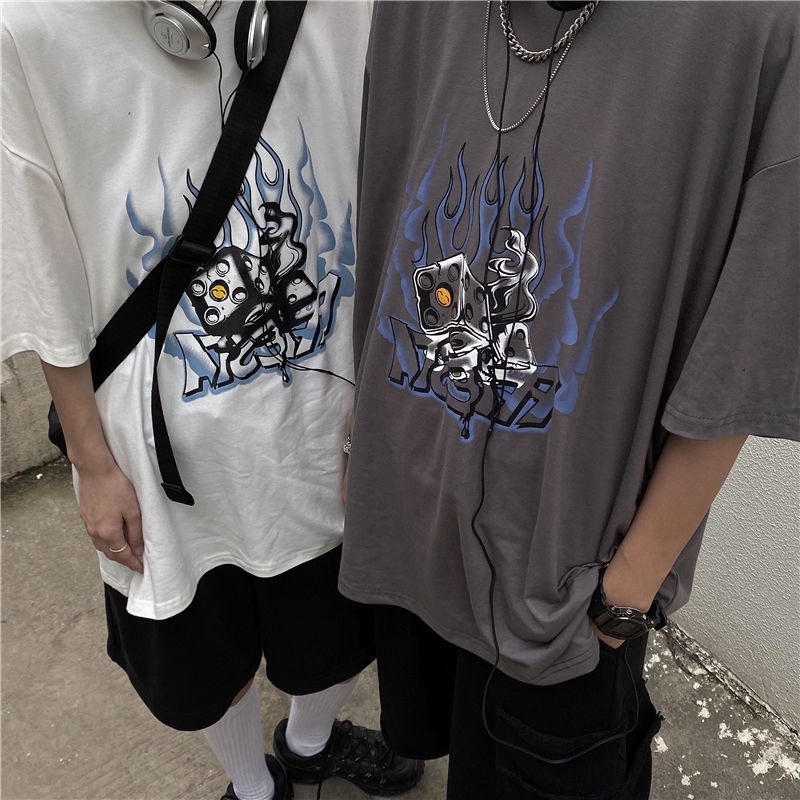 Áo thun 173314 tay lỡ dáng rộng họa tiết ngọn lửa xanh dương cá tính phong cách đường phố dễ phối đồ