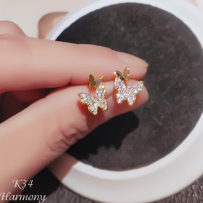 Khuyên tai, bông tai nữ bạc mạ vàng hồ điệp hình bướm đính đá nhỏ nhắn