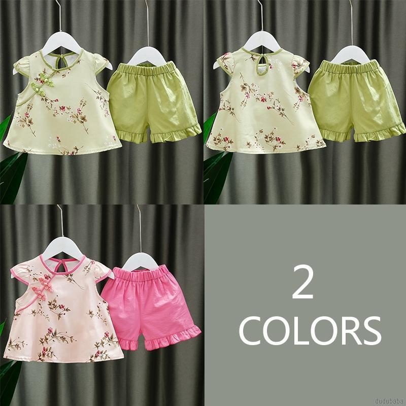 Set Áo Ngắn Tay Và Quần Short Họa Tiết Hoa Phong Cách Trung Hoa Thời Trang Dành Cho Bé Gái