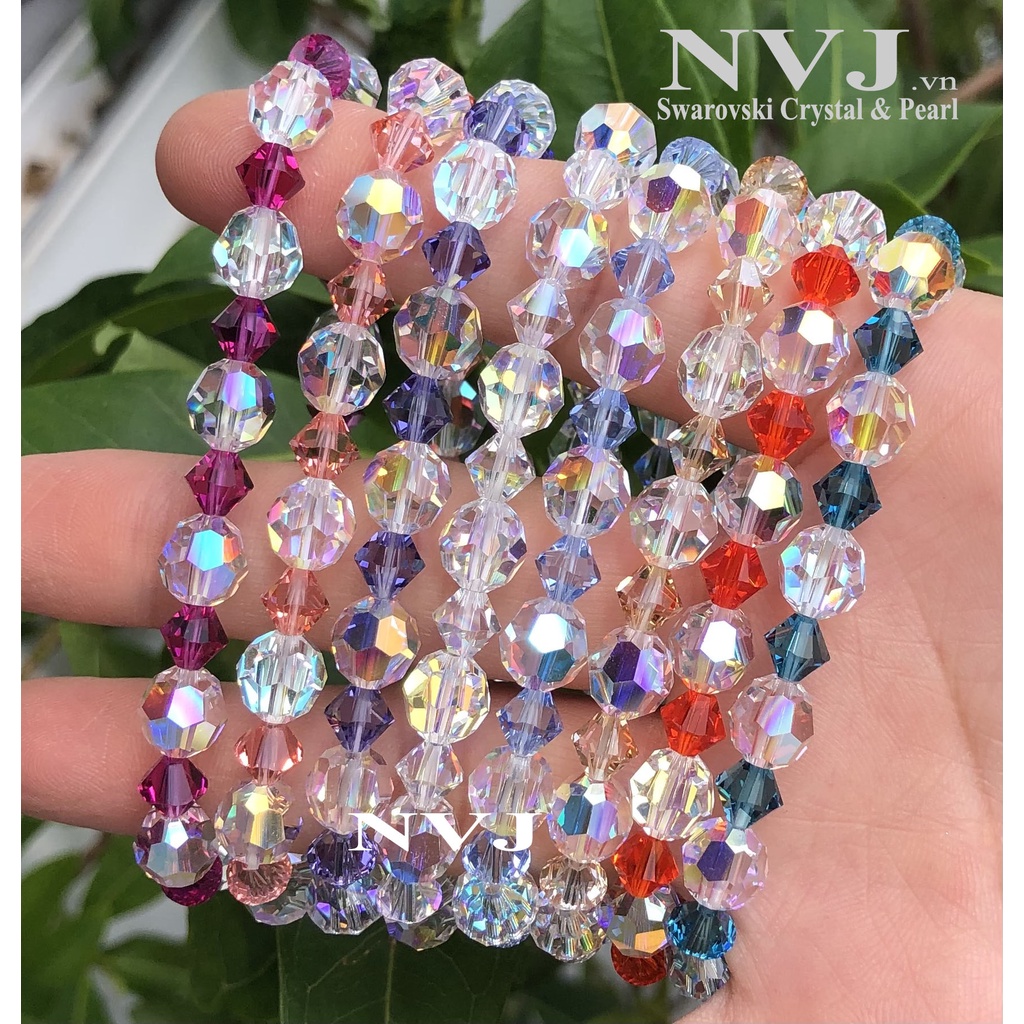 Pha lê Áo Swarovski cao cấp chính hãng - Vòng tay hạt tròn 8ly & nón 6ly nhiều màu tùy chọn, khóa tròn bạc 925