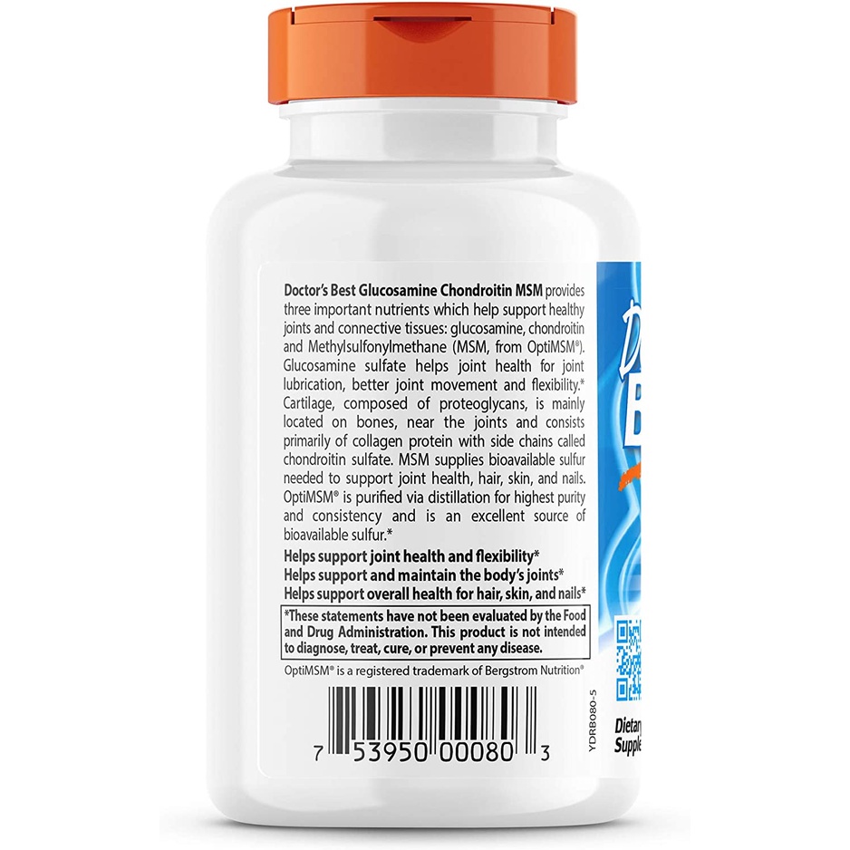 Viên uống hỗ trợ khớp Glucosamine Doctor's Best - Glucosamine Chondroitin MSM with OptiMSM 240 viên
