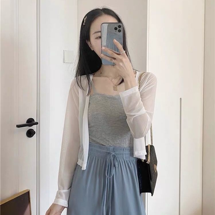 Áo Khoác Cardigan Dệt Kim Phối Lưới Mỏng Màu Trắng Chống Nắng Thời Trang Mùa Hè Cho Nữ
