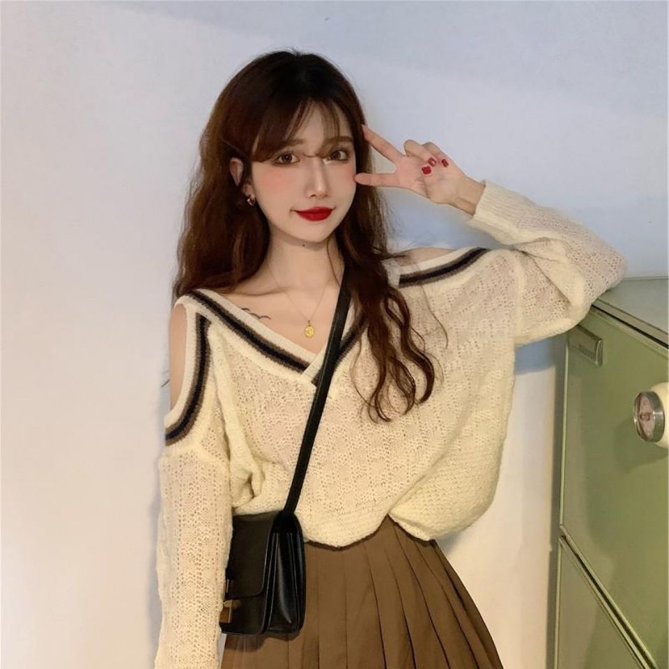 Jiashucheng Áo Sweater Dệt Kim Chui Đầu Cổ Chữ v Dáng Rộng Màu Sáng Thời Trang Xuân Thu Cho Nữ Dễ Phối Đồ