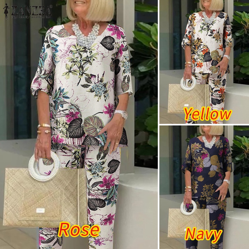 Bộ đồ 2 món ZANZEA gồm áo thun tay ngắn cổ tròn và quần dài in họa tiết dễ thương thời trang dành cho nữ