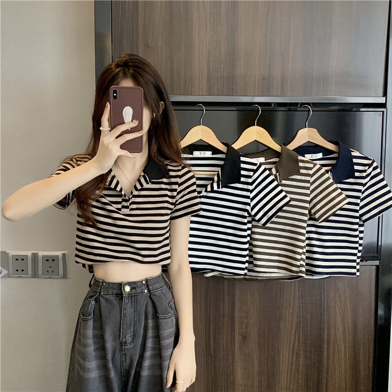 Áo polo Tay Ngắn Kẻ Sọc Thời Trang Mùa Hè Phong Cách Hồng Kông Hàng Mới Dành Cho Nữ 2022