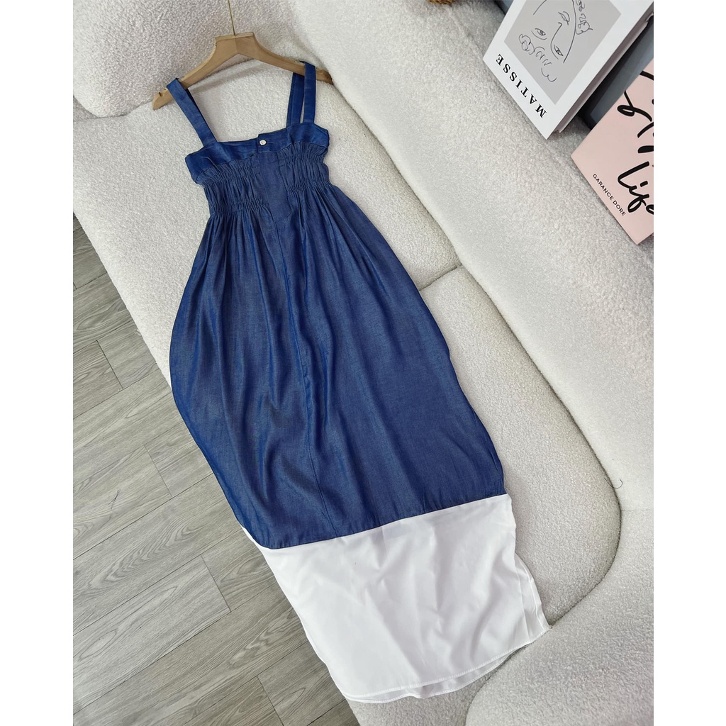 Váy bò Denim 2 dây dáng dài chun ngực thêu tag Prada nổi bật