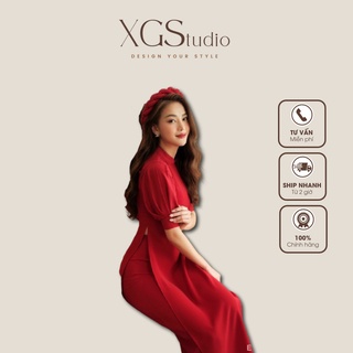 Áo dài cách tân mẫu trơn màu đỏ kèm vấn mặc tết