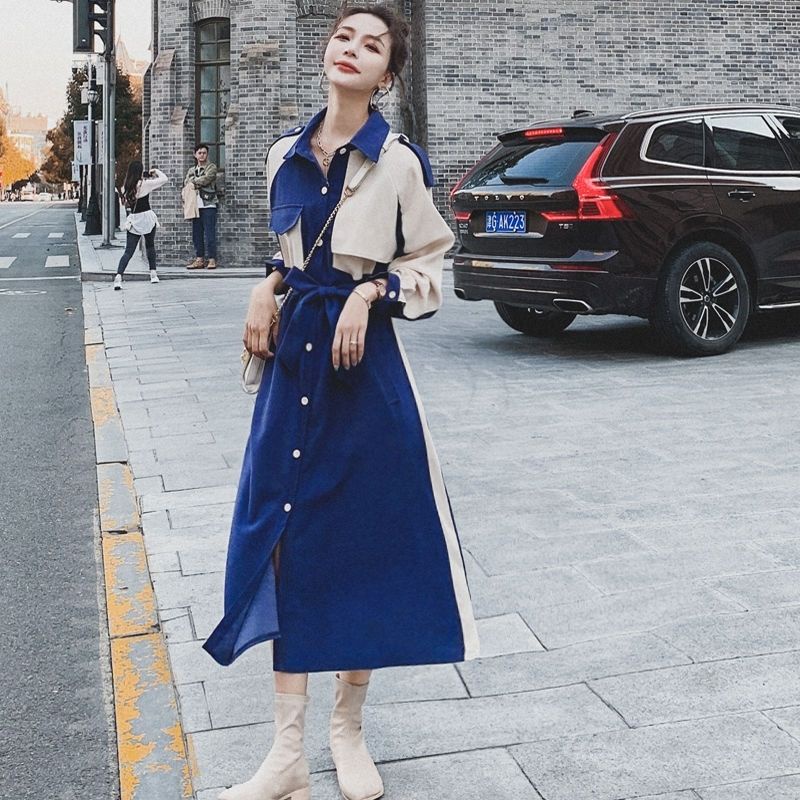 Platycodon grandiflorum French splicing dress Women's medium-long style 2022 Spring and Autumn New style long-sleeved Hepburn style long dress