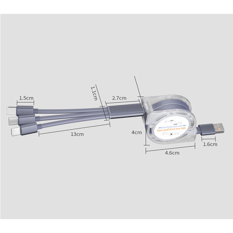 Cáp Sạc Rút 3 Đầu Siêu Bền - Dây Rút Gọn Gàng Tiện Lợi - Cổng sạc Nhanh Thế Hệ Mới Nhất