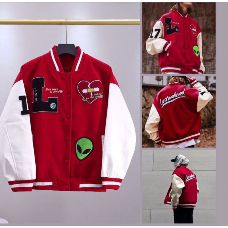 Áo khoác varsity đỏ họa tiết