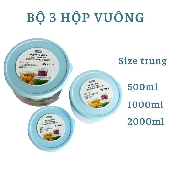 Bộ 3 hộp thực phẩm tròn Inochi Hokkaido kích thước 500-1000-2000ml, không BPA, an toàn trong lò vi sóng và tủ lạnh