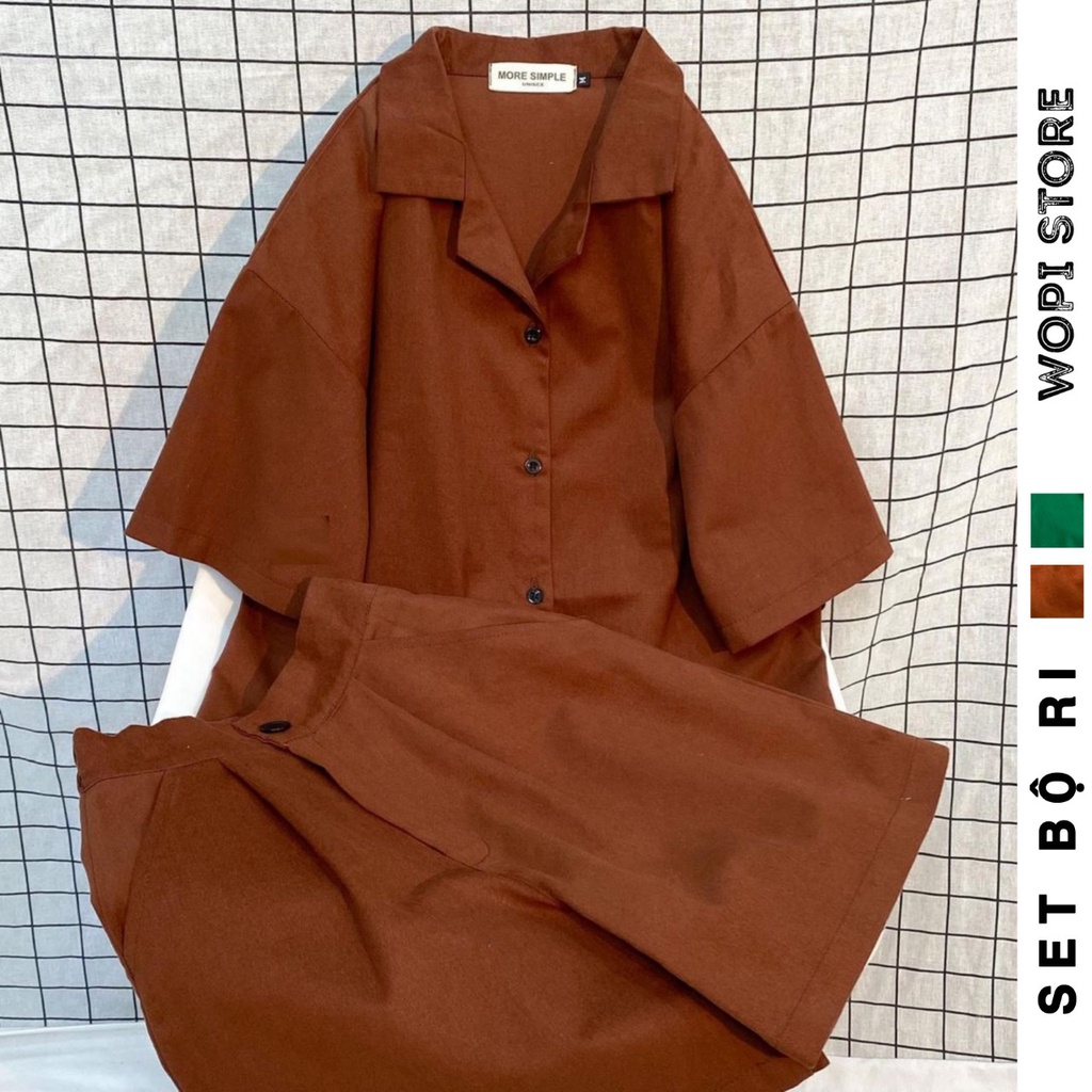 Set Đồ Bộ Nữ RI Form Rộng Áo Sơ Mi Tay Ngắn Và Quần Short Ống Rộng Lưng Cao Màu Sắc Trendy Phong Cách Ulzzang