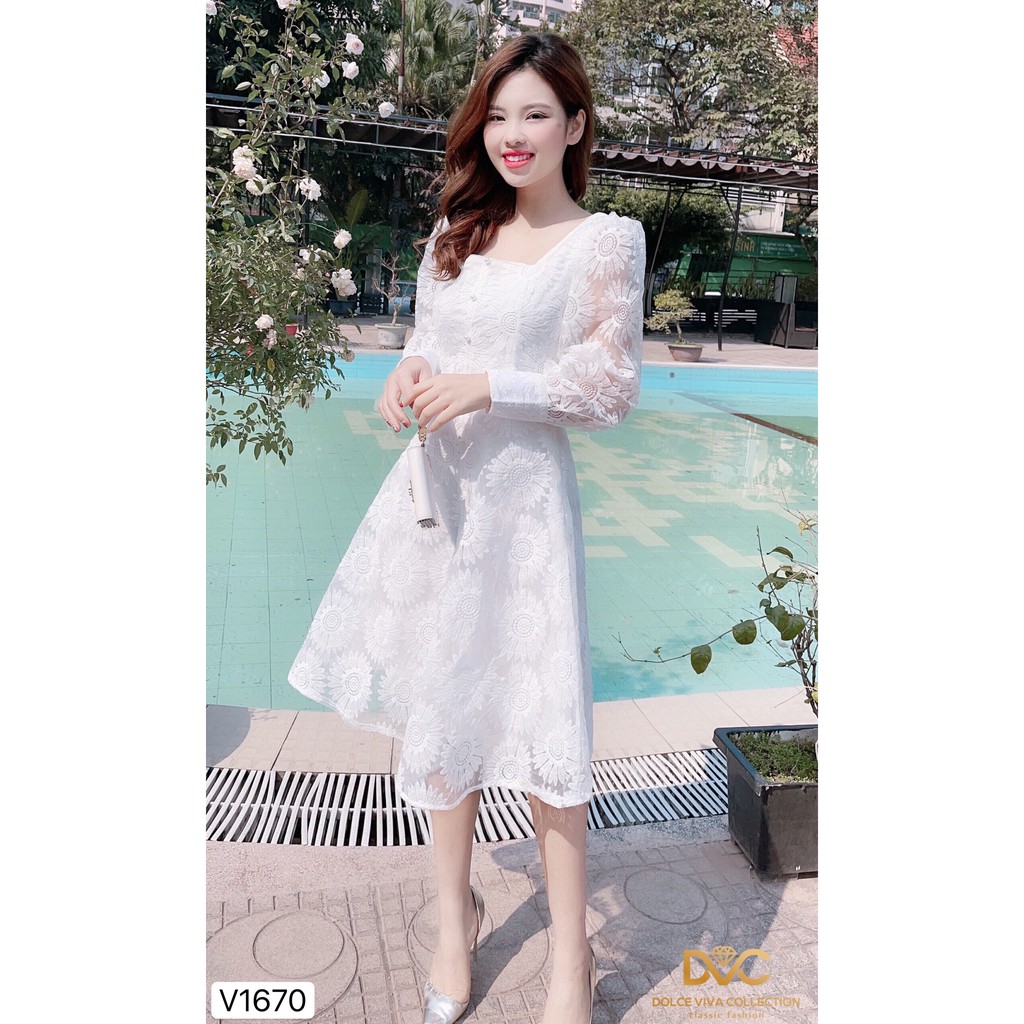 Váy xòe ren trắng cổ vuông V1670 - QUEEN SHOP DOLCE VIVA COLLECTION(ảnh người mẫu+ảnh trải sàn do shop tự chụp)