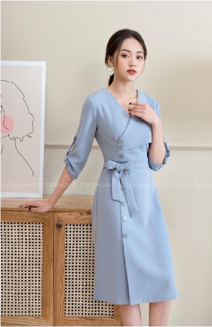 Váy xanh thắt nơ hàng thiết kế cao cấp DVC