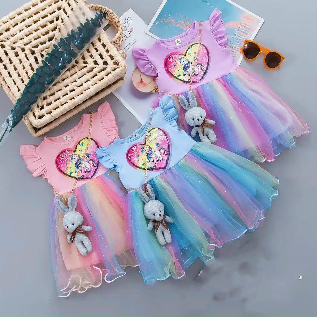Đầm voan công chúa cho bé gái hình Ngựa pony màu sắc cầu vồng size 8-40kg hàng cao cấp