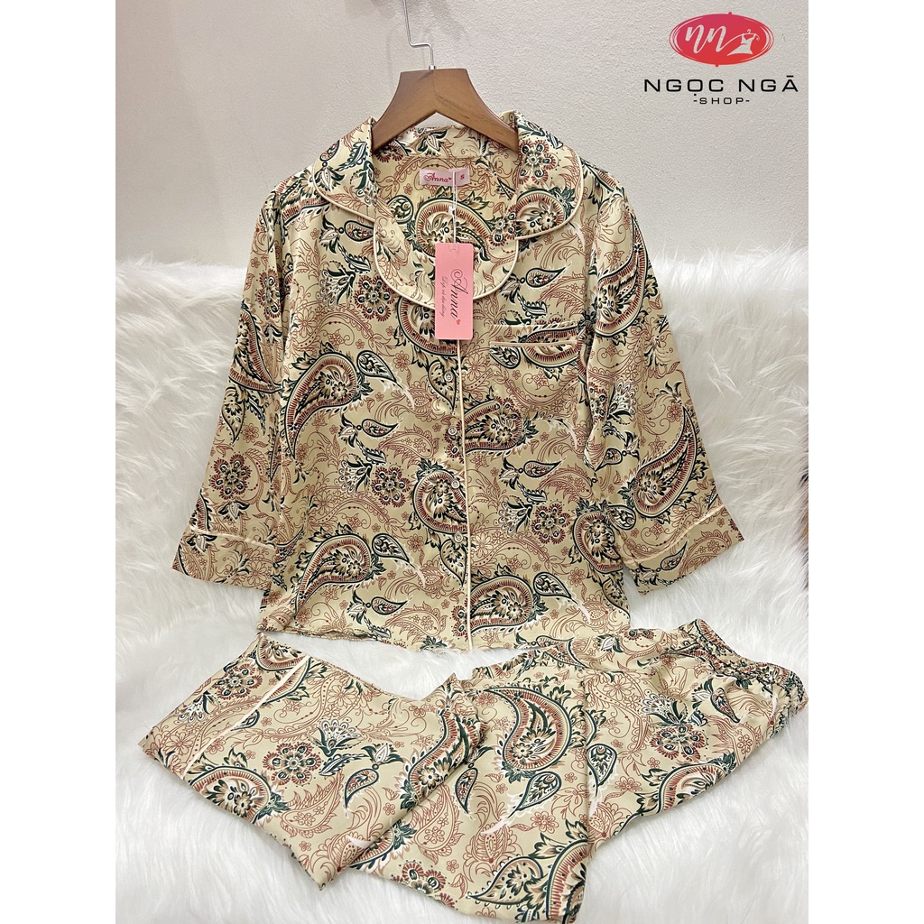 Set đồ lụa mặc nhà ANNA, Chất lụa mềm mịn cao cấp, thoáng mát, không gây bí kiểu dáng áo cộc quần dài họa tiết hoa lá