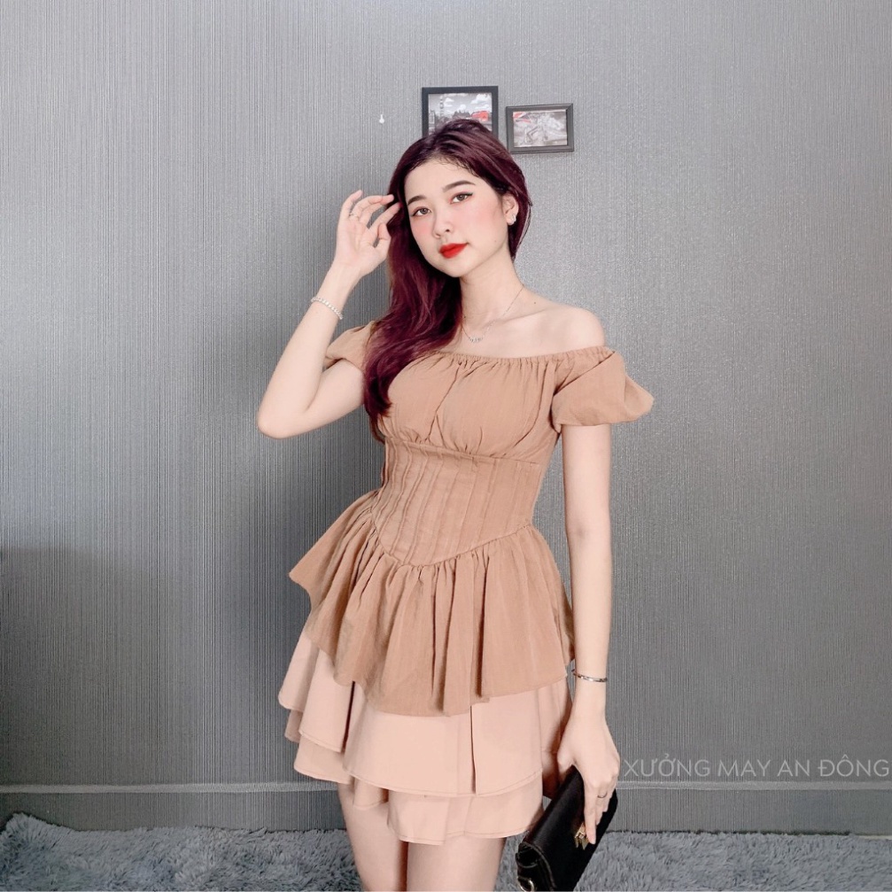Set Áo Trễ Vai Tay Bồng Cúp Ngực Phối Chân Váy Xòe Xếp Ly 3 Tầng Màu Nu - SIÊU HOT | BigBuy360 - bigbuy360.vn