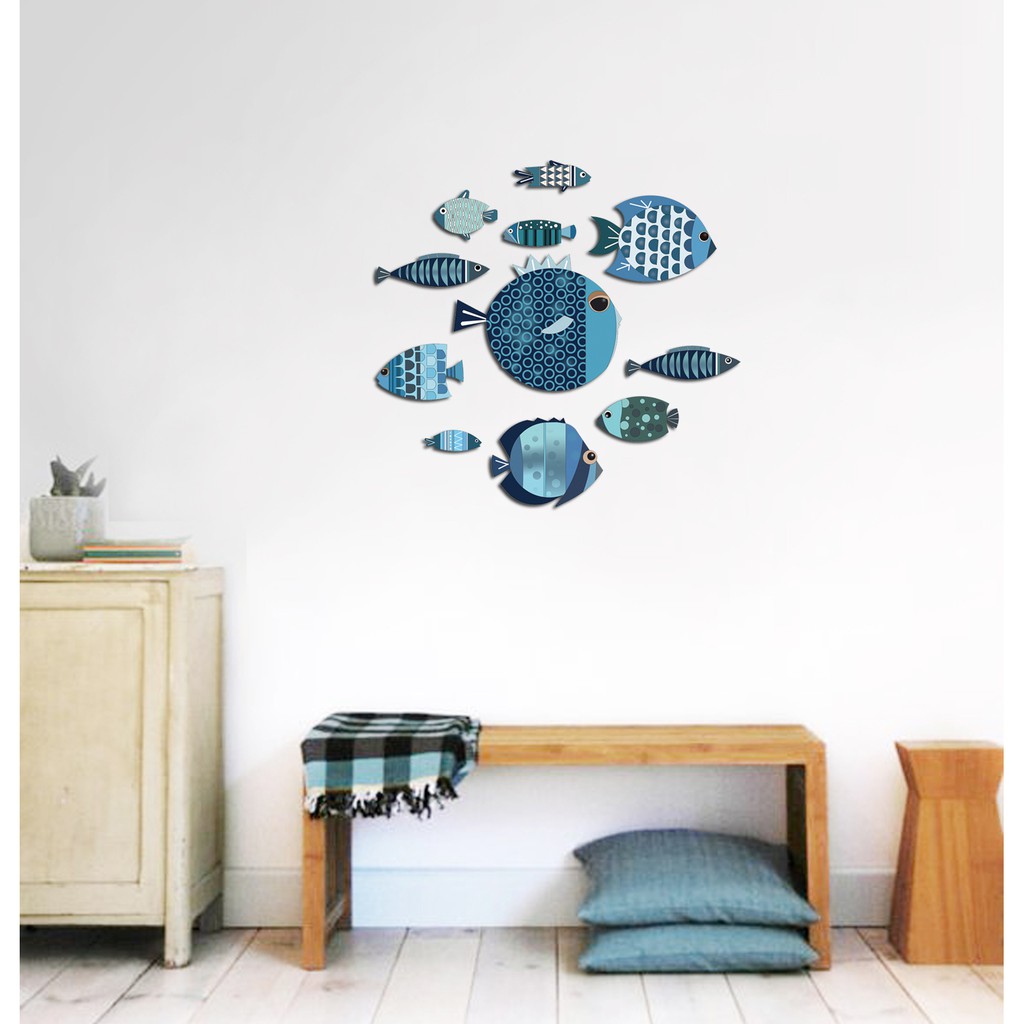 Tranh cá decor dán tường The Little Blue Fishes (Những chú cá xanh bé xinh) hiện đại trang trí phòng khách, phòng ngủ