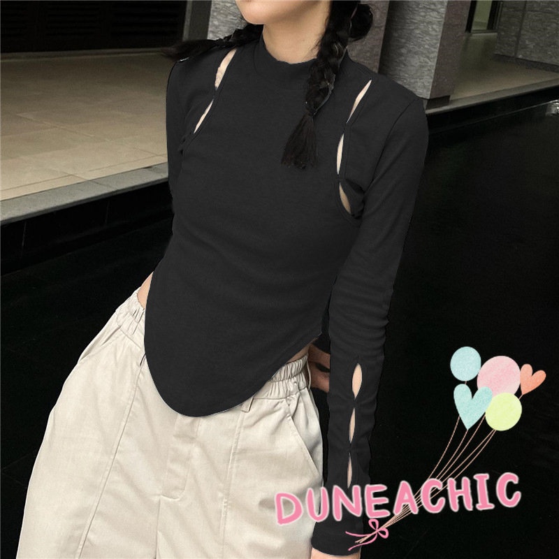 DUNEA Áo Thun Nữ Tay Dài Cổ Cao Màu Trơn Thời Trang