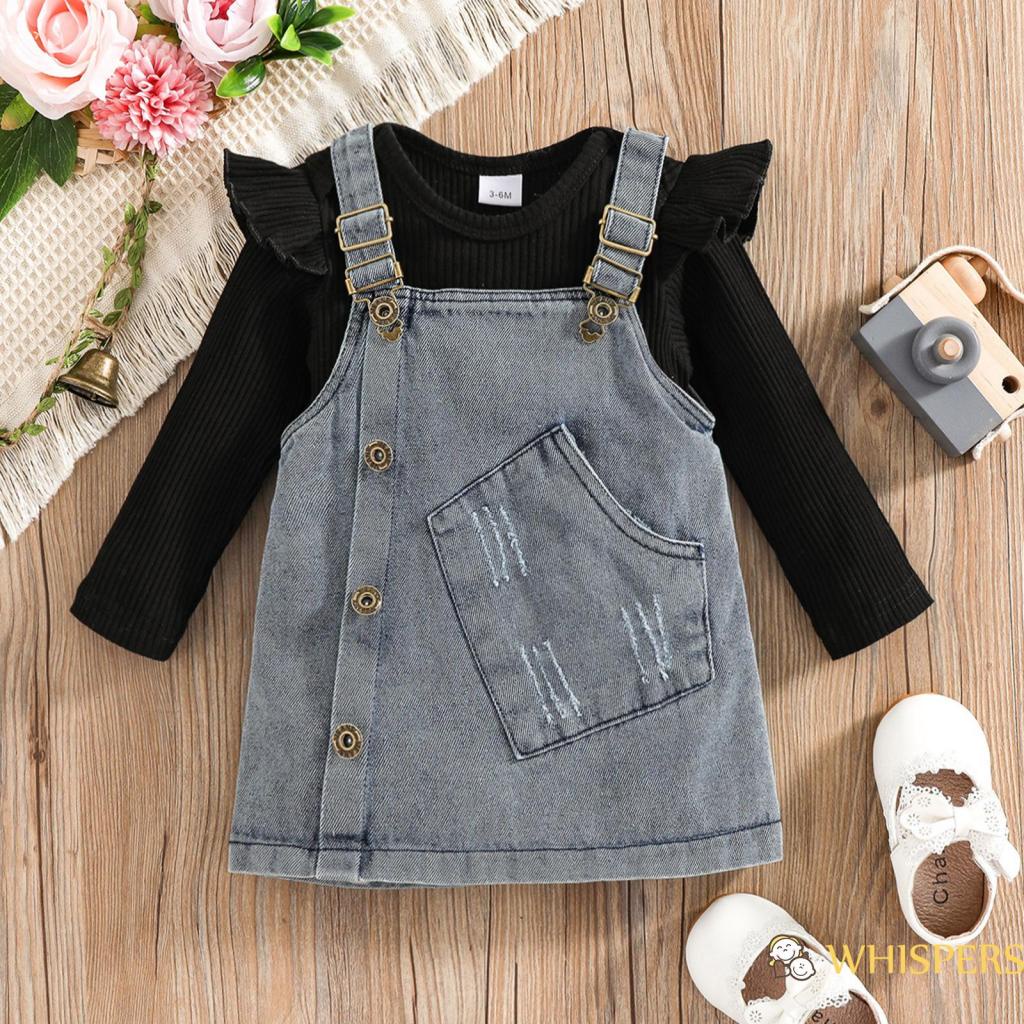 Bộ áo liền quần cổ tròn tay dài phối bèo + váy yếm denim thời trang cho bé gái