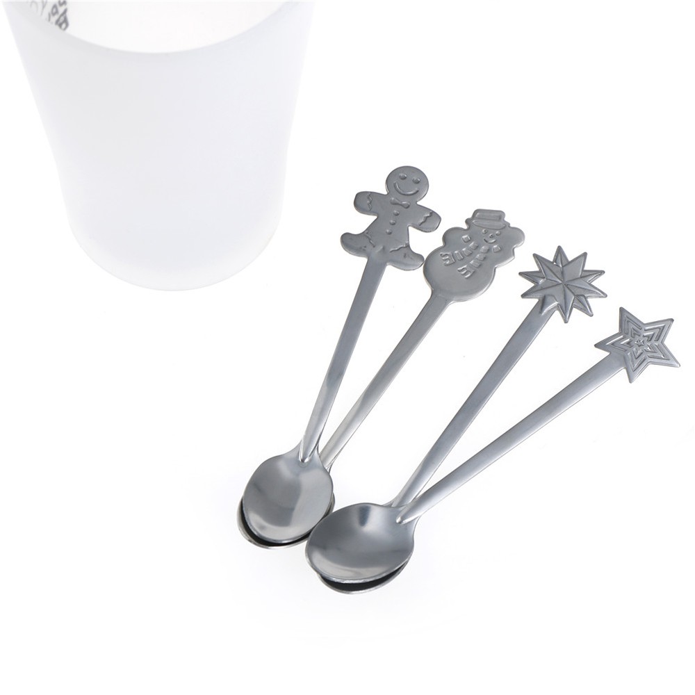 4pcs/set Christmas Tree Ice Cream Kitchen & Dining Snowman Stainless Steel Christmas Coffee Spoons