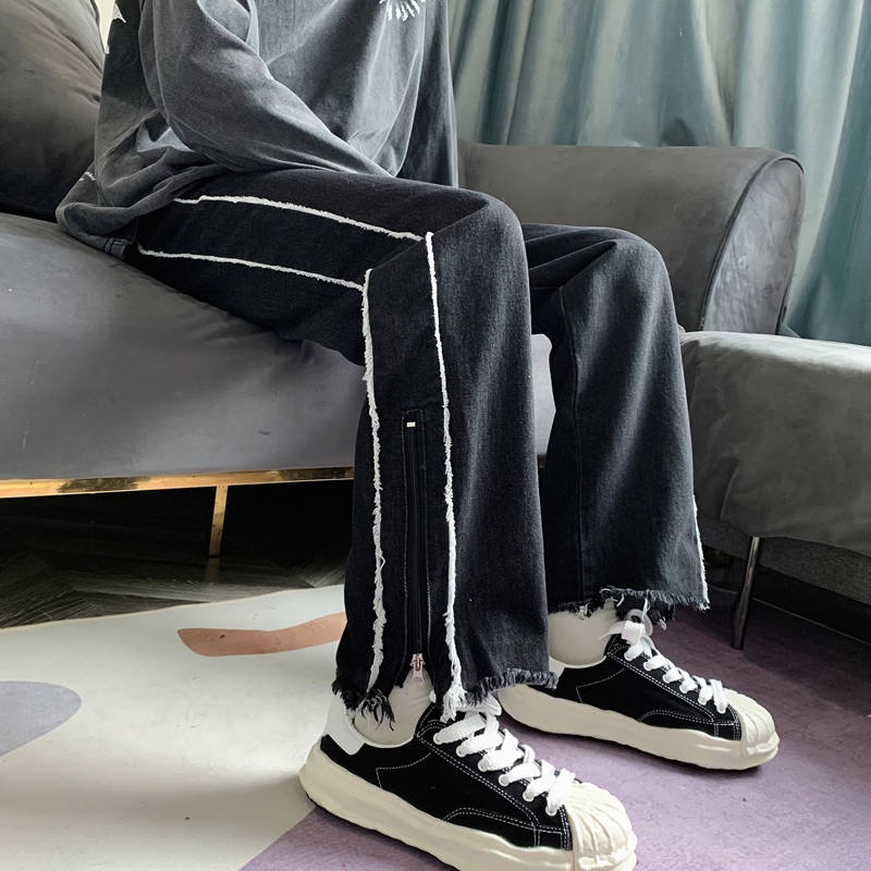 Quần jean dài dáng suông rộng phối xẻ tà có kháo kéo kẻ sọc phong cách trẻ trung cá tính cho nam