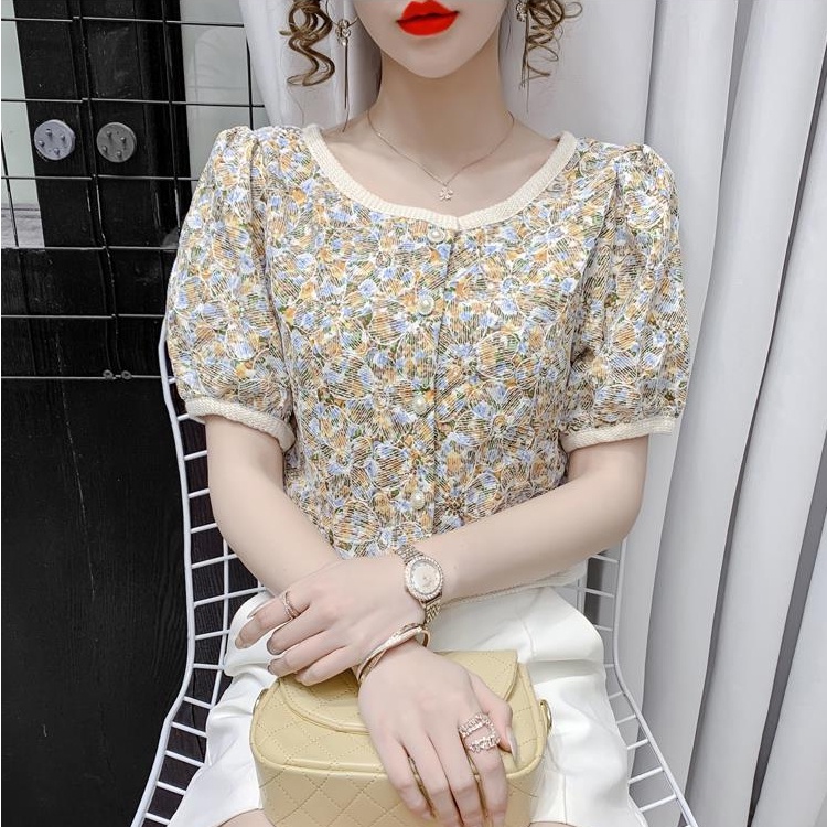 Áo Sơ Mi Crop Top Nữ Tay Ngắn In Hoa Phong Cách Hàn Quốc Cổ Điển Thời Trang Mùa Hè Mới
