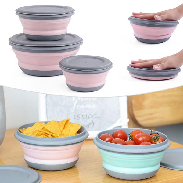 Set 3 tô silicone gấp gọn có nắp đậy đựng đồ ăn trưa dễ mang theo khi ra ngoài