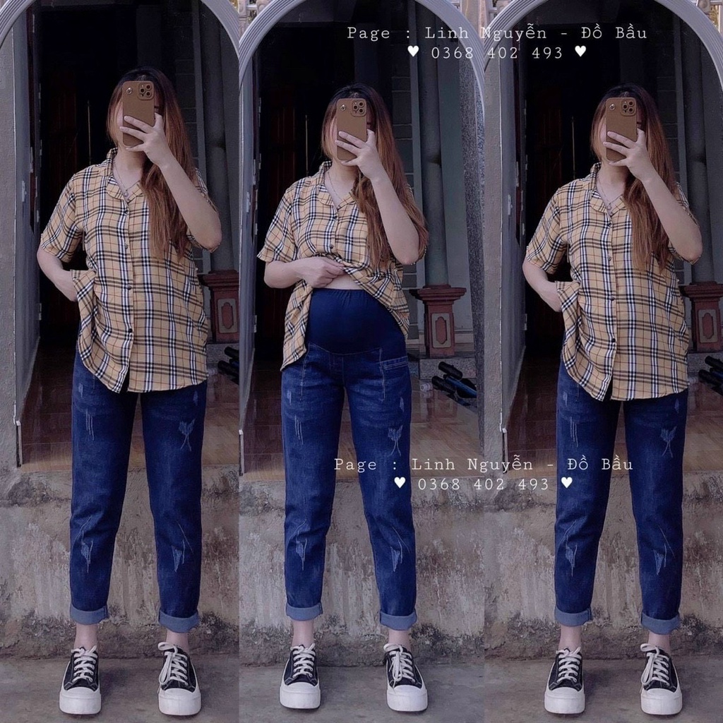 Quần jean bầu dáng baggy đẹp, chất jean mềm mại Mẹ bầu mặc đi chơi, đi làm đều được