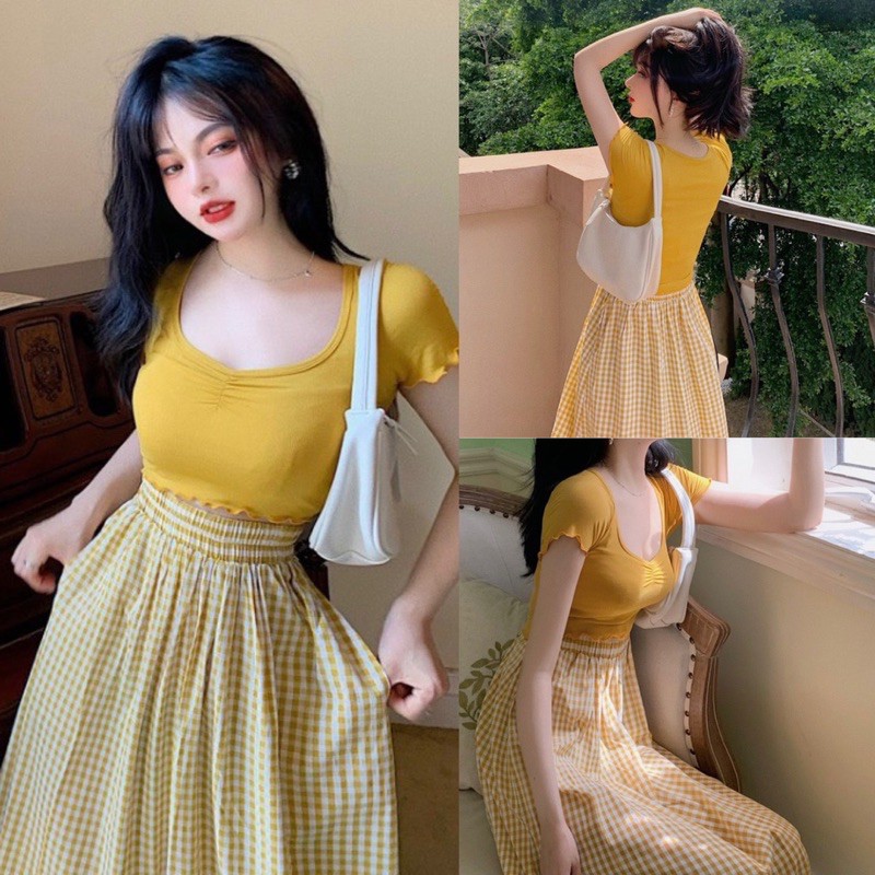Set áo thun croptop phối váy caro xoè, Set tiểu thư cao cấp