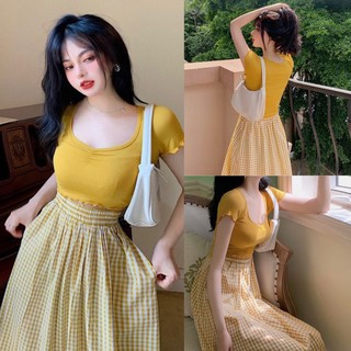 Set áo thun croptop phối váy caro xoè, Set tiểu thư cao cấp (Hàng Chuẩn Đẹp)
