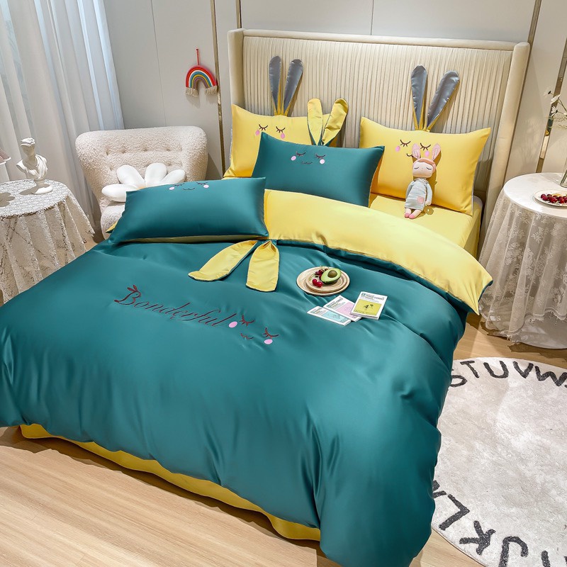 Bộ chăn ga gối lụa Bonderful họa tiết tai thỏ cực kỳ dễ thương, chất lụa mềm mịn thoáng mát, miễn phí bo chun  Ami.Decor
