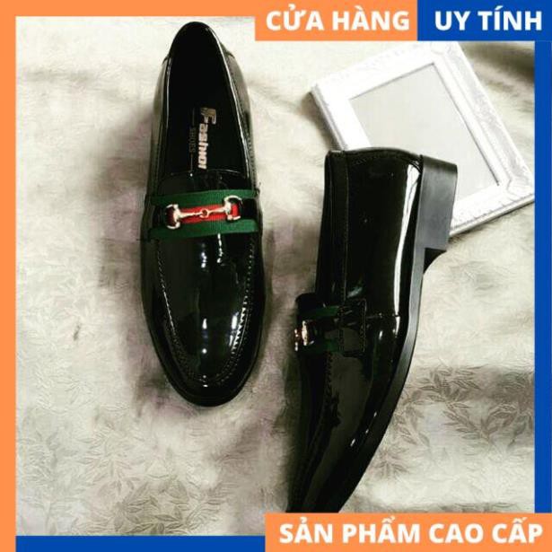 Giày tây đen bóng nam dây gusi xanh lá X86FASHON [HÀNG CAO CẤP]