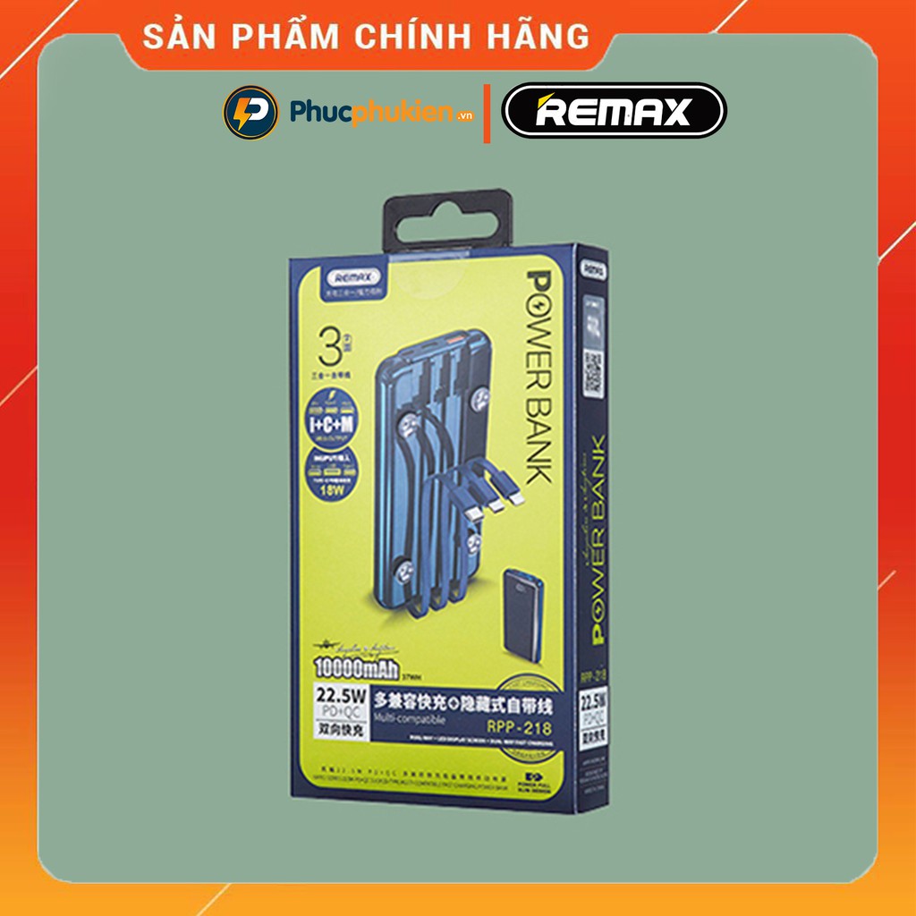 Sạc dự phòng 10000mah Remax RPP 218 tích hợp 3 cáp sạc lightning, Type C và micro hỗ trợ sạc nhanh 2 chiều