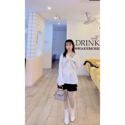 Áo tiểu thư nữ xếp ly dài tay cổ V phong cách sang chảnh_ hàng Order kèm Ảnh thật