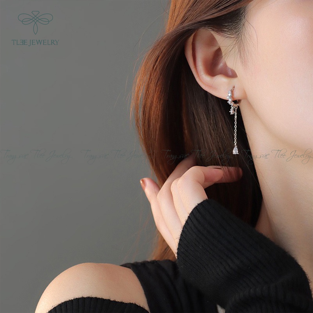 Khuyên tai bạc tròn nữ TLEE tua đá dài sang trọng NCJ B0159