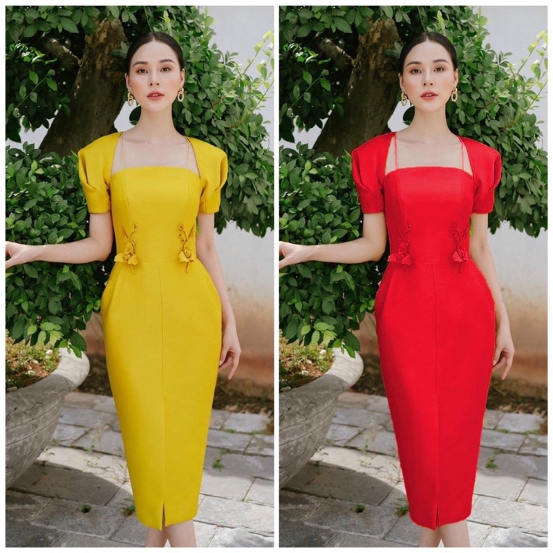 Đầm body dự tiệc cổ vuông kết hoa eo sang trọng TRIPBLE T DRESS - size M/L (kèm ảnh/video thật) MS122Y
