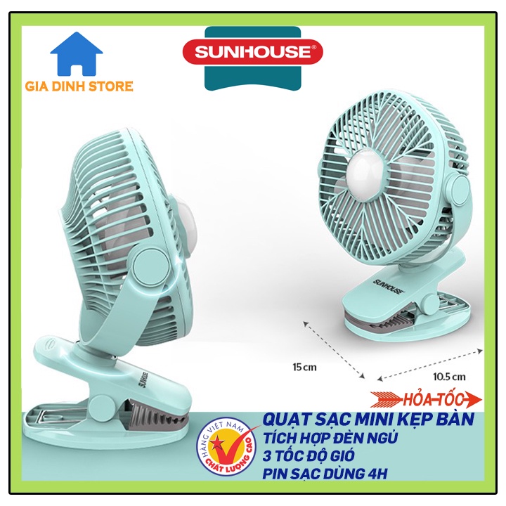 Quạt mini kẹp bàn SUNHOUSE SHD7111, pin sạc dùng 4h, tích hợp đèn ngủ, hàng chính hãng bh 1 đổi 1