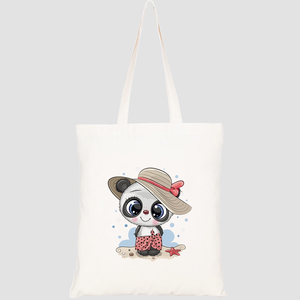 Túi vải tote canvas HTFashion in hình cute cartoon panda on beach HT396