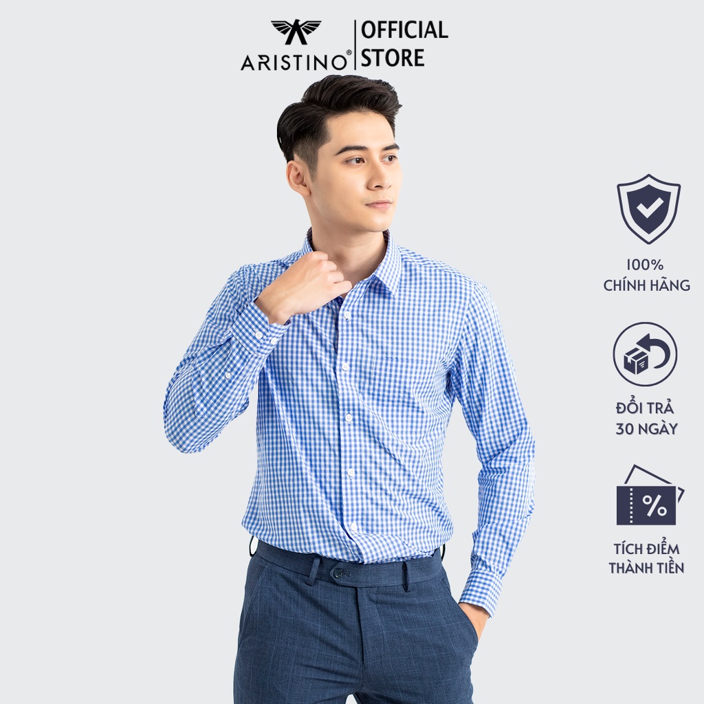 Áo sơ mi dài tay ARISTINO dáng suông nhẹ thoải mái kết hợp họa tiết kẻ caro xanh nổi bật, tinh tế - ALS16601