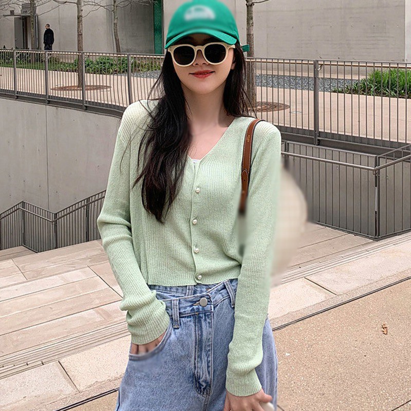Áo Khoác Cardigan Dệt Kim Lụa Chống Nắng Tay Dài Cổ Chữ V Cài Nút Phong Cách Hàn Quốc 7 Màu Tùy Chọn