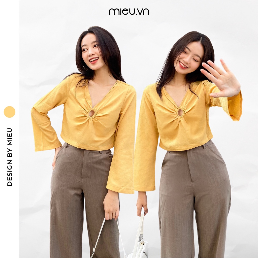 Áo croptop khoen tròn vải xốp không nhăn cut out tay loe MIEU - HD18
