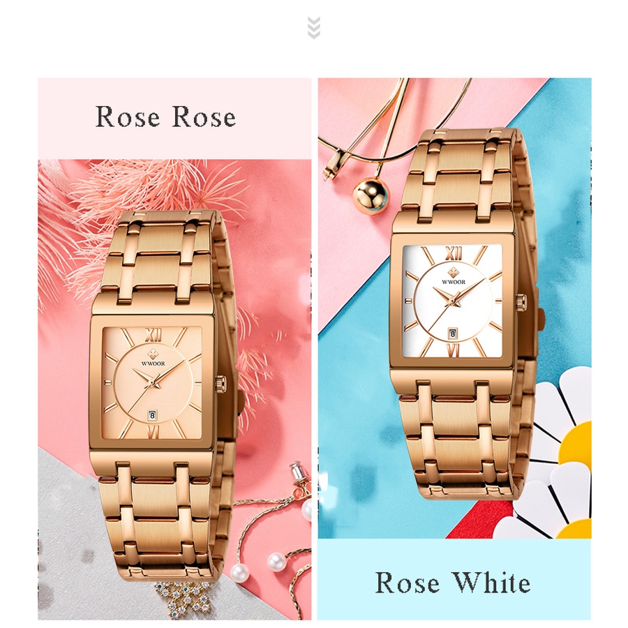 Wwoor Mới Đồng Hồ Đeo Tay Mặt Vuông Màu Vàng Hồng Sang Trọng Reloj Mujer-8858 Cho Nữ