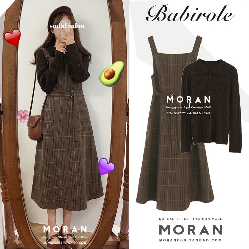 Váy yếm xòe Vintage thắt eo kẻ sọc MORAN Hàn Quốc(Order)